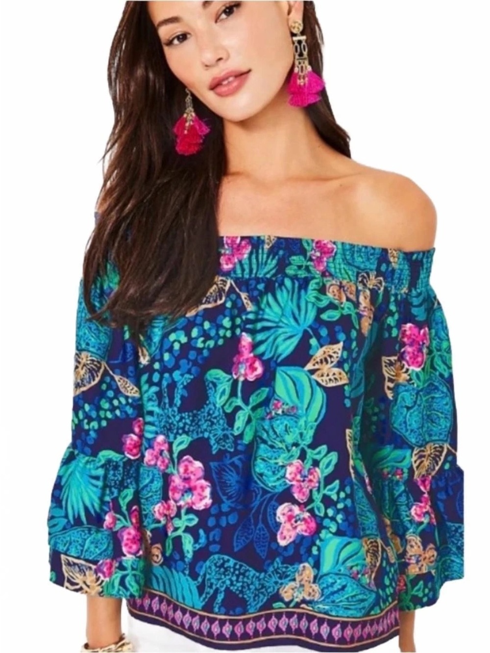Lilly Pulitzer KAORI Low Tide Navy Life of the Party Off the Shoulder Top Large